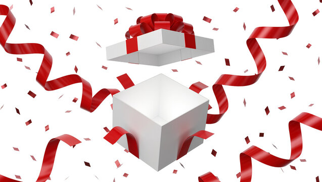 Open white gift box with red ribbon and confetti, isolated on transparent background