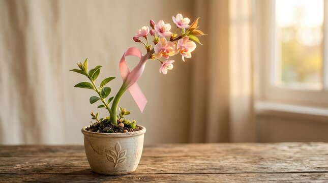 Cherry blossom plant in a ceramic pot with a pink ribbon on rustic wooden table