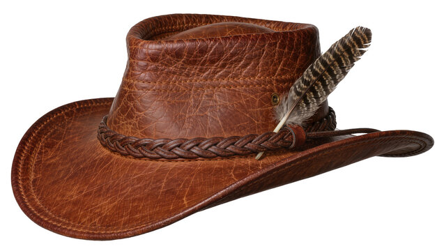 Brown distressed leather cowboy hat with braided band and feather, isolated on transparent background