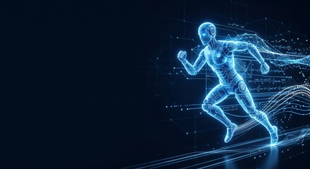 Fototapeta premium Futuristic AI Robot Running with Digital Data and Mathematical Equations in Blue Cyberspace Background