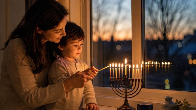 mother and child light candles on a menorah at sunset, celebrating Hanukkah indoors with warm expressions.