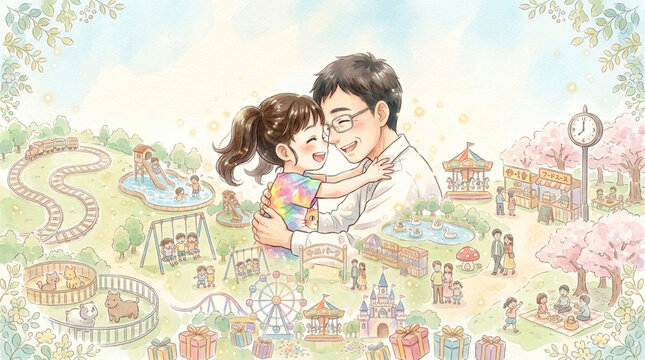 遊園地で抱き合う父娘と賑やかな園内風景 家族の幸せな一日を描いたマップ風水彩イラスト
Father and Daughter Hugging at a Lively Amusement Park, Illustrated Map Style Watercolor