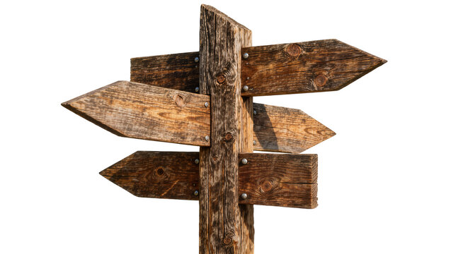 Rustic wooden directional signpost with multiple arrow signs, isolated on transparent background