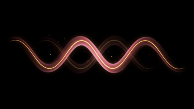 Single horizontal glowing pink and orange sine wave light trail with floating particles on