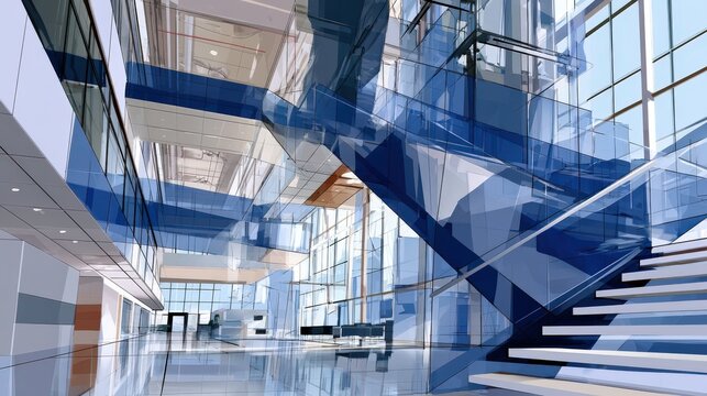 Modern architectural atrium featuring a grand staircase and open interior spaces.