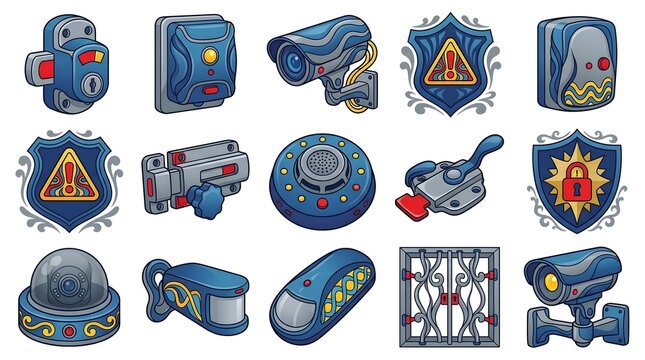 Set of security and surveillance equipment icons in flat cartoon style