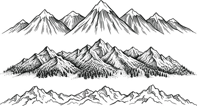 Vintage engraving style mountain range sketch set featuring snowy peak panoramas rocky ridges and dense pine forest trees vector
