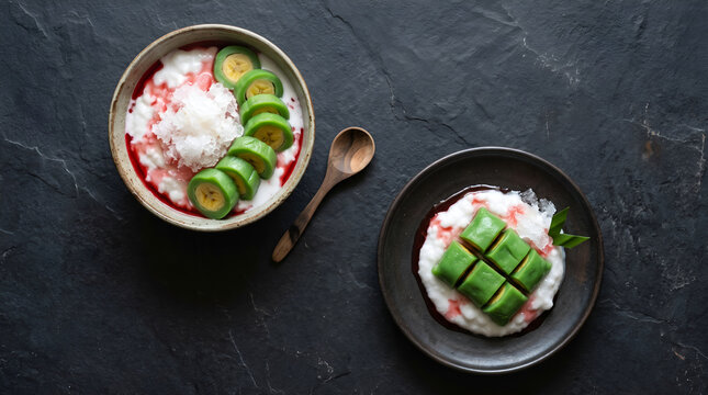 Traditional Makassar es pisang ijo served in two formats with banana, coconut porridge and shaved ice, suited to Ramadan advertising, menus and culinary publishing.