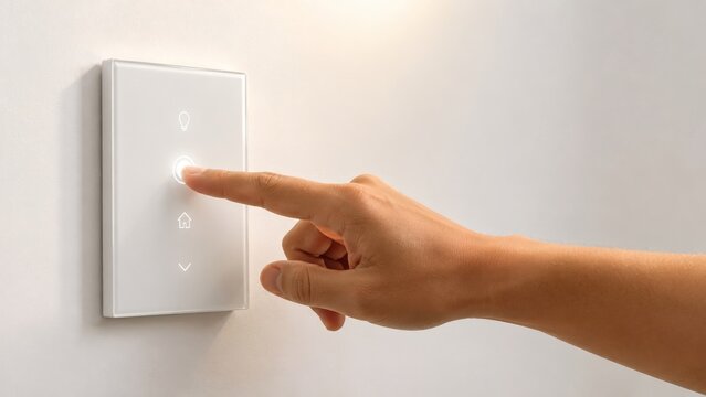 Close up of a hand pressing a modern smart home wall switch to control lighting and temperature