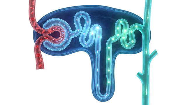 Medical nephron diagram, kidney filtration system illustration, anatomical renal tubule structure on white background