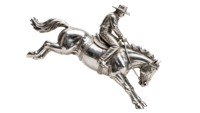 Silver cowboy figurine riding bucking horse, isolated on transparent background