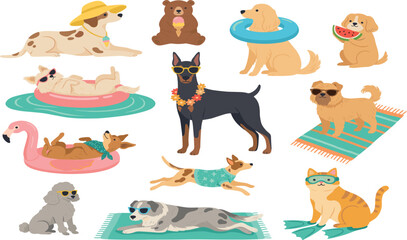 Obraz premium Cute summer pets vector set with dogs and cat relaxing swimming wearing sunglasses isolated on white background