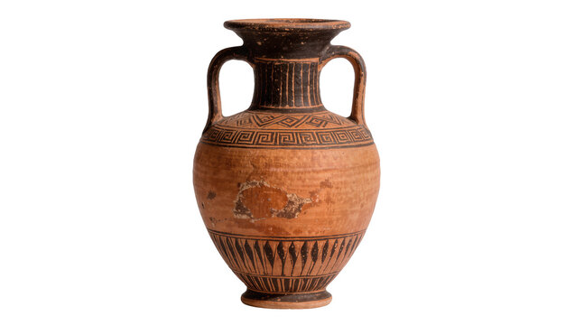 Ancient Greek terracotta amphora with geometric patterns, isolated on transparent background