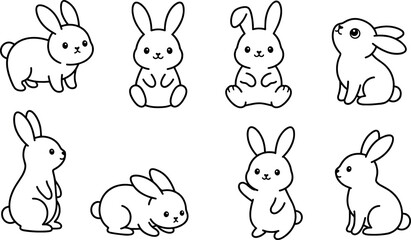 Fototapeta premium Cute Cartoon Rabbit Line Vector Set Showing Various Poses for Easter, Children Illustration, and Animal Character Design