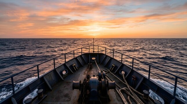 Ship bow sailing on ocean sea towards golden sunset at horizon