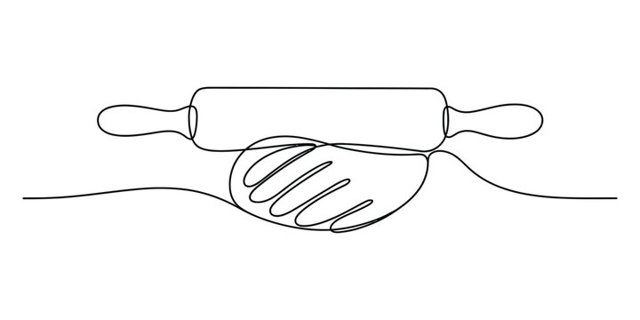 Continuous one line drawing of a wooden rolling pin rolling fresh dough for baking isolated on a white background illustration