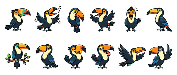 Naklejka premium Cute Cartoon Toucan Birds Collection with Different Emotions