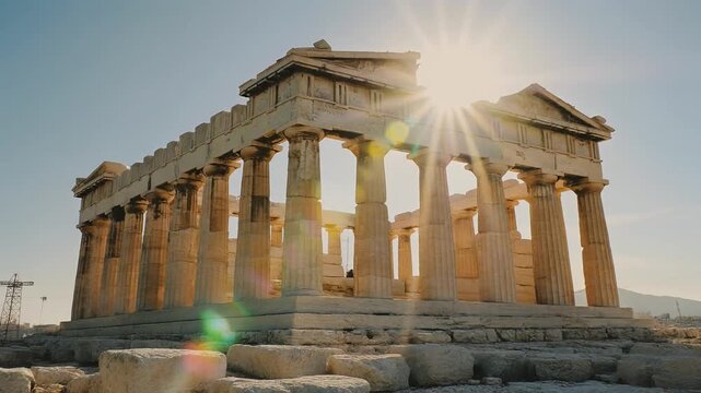 Ancient Greek temple Parthenon bathed in golden sunlight during a clear day with lens flare effects