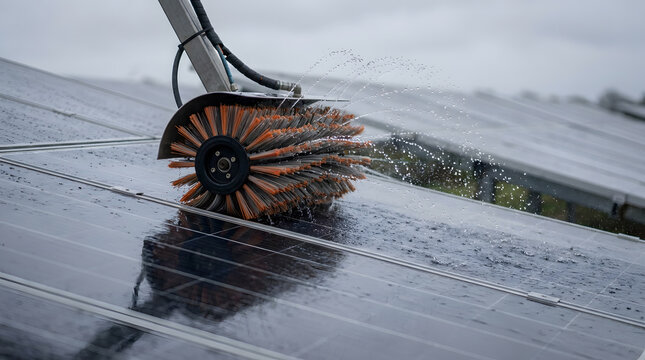 Industrial solar panel cleaning service using a rotating brush and water spray on photovoltaic modules at a renewable energy farm, highlighting professional maintenance for optimal solar cell .