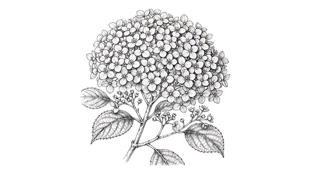 Hydrangea flower cluster botanical pencil drawing with leaves and buds