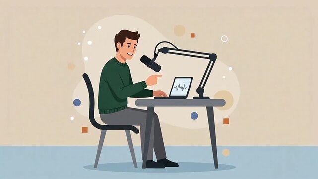 Man Recording a Podcast from a Home Studio with a Microphone and Laptop, Flat Design Illustration