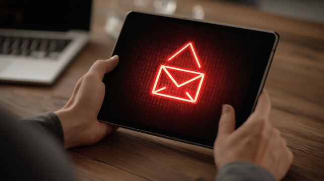 Person holding digital tablet displaying glowing neon email icon with binary code on dark background surface