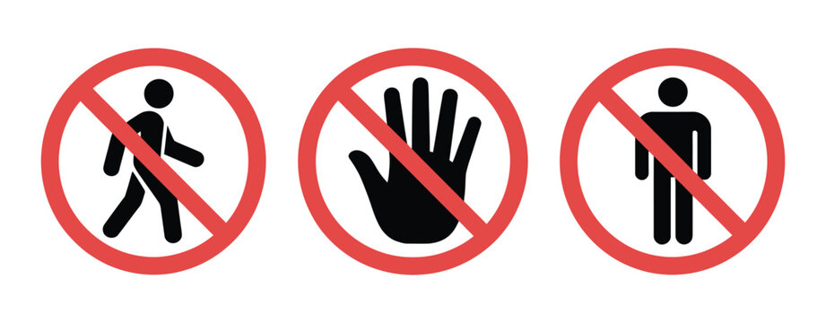 Forbidden Action warning signs showing no entry symbols, restricted access, safety rules, prohibition, security control, danger prevention, and authorized areas.