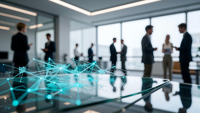 Futuristic digital network overlaying a business meeting in a modern office.