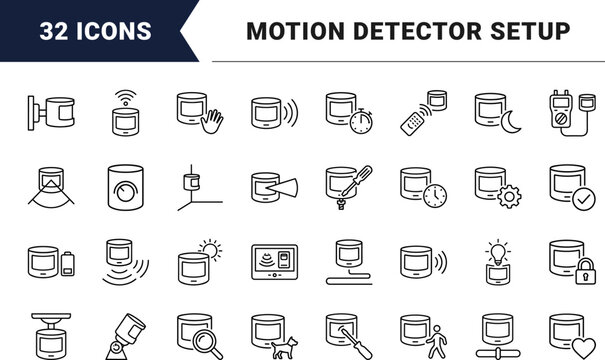 Motion Sensor Sensitivity Setup Web Icon Set in Linear Style. Collection of Sensor Calibration line icons, including sensitivity, detection range, threshold, calibration, pet immunity, security.