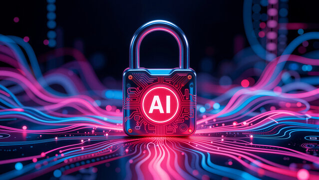 AI security lock on a futuristic digital circuit board background