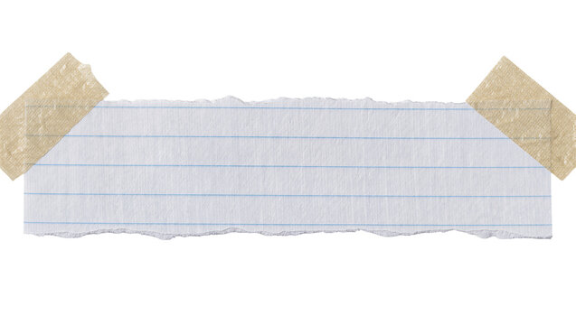 Torn lined paper strip secured with beige tape, isolated on transparent background