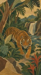 Naklejka premium Vintage-style tiger in jungle with waterfall, ideal for mobile wallpaper.