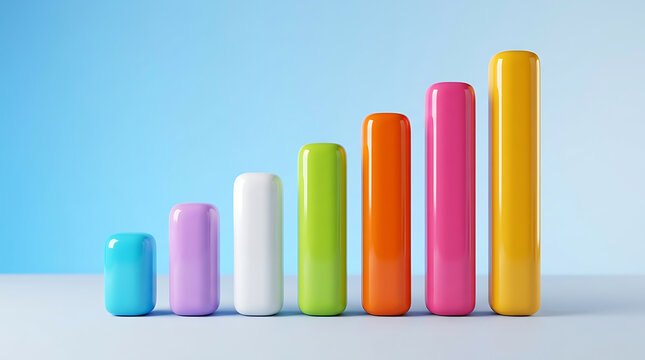 3d bar chart with colorful glossy cylinders on blue background