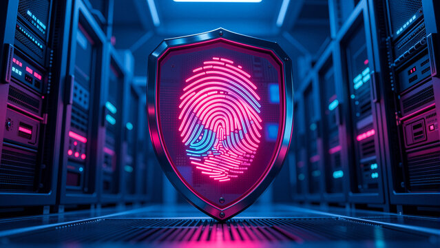 Cybersecurity shield with fingerprint in a server room