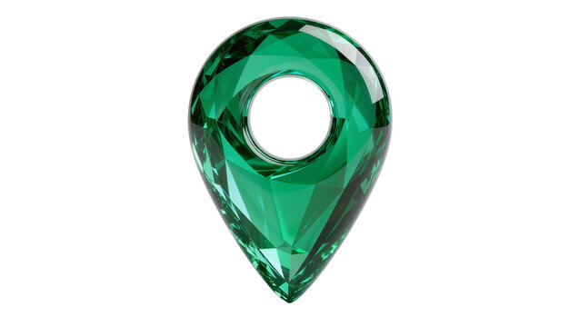 Emerald green faceted gemstone location pin, isolated on transparent background