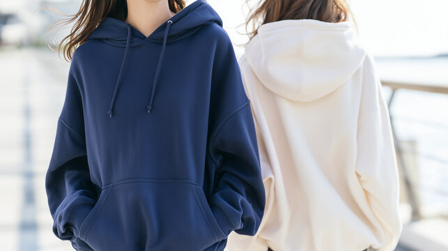 Two Women Wearing Comfortable Casual Hoodie Mockup Designs for Outdoor Streetwear Fashion Styles