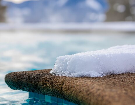 Macro View of Fresh Snow on Outdoor Pool Edge in Winter Season