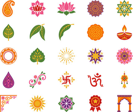 Set of colorful traditional indian icons and decorative design elements for the celebration of diwali festival