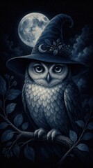 Naklejka premium Dark fantasy owl in witch hat under moonlight, mobile wallpaper