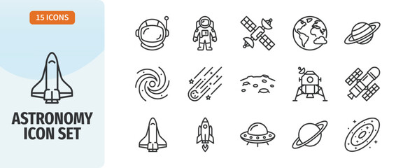 Astronomy icon set with thin line style, featuring astronaut, satellite, planet, galaxy, spaceship, moon surface and ufo symbols © JK