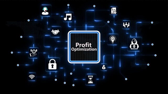 Profit Optimization visual framework surrounded by modern corporate icons on glowing blue futuristic digital network nodes over an abstract dark backdrop.