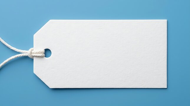 Blank White Paper Hang Tag With Cotton String Isolated On Blue Background For Retail Price Tag Mockup