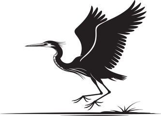 Naklejka premium A clean black silhouette illustration of a great blue heron bird in motion, showing wings spread and legs down as if landing or taking off.