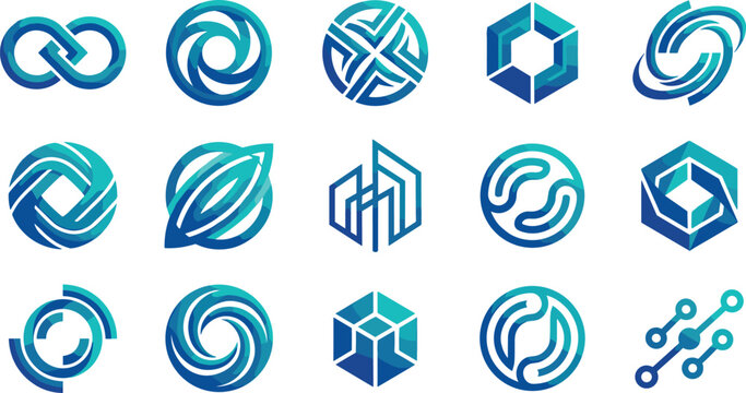 Abstract blue geometric logo icon collection featuring technological circles hexagons 3d cubes infinity loops and digital network symbols