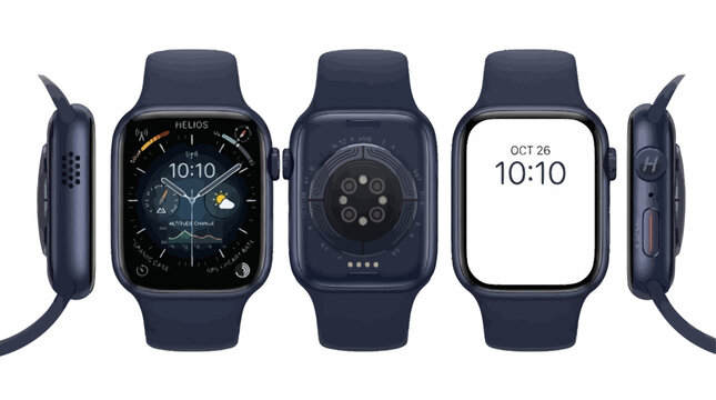 Comprehensive vector illustration featuring diverse angles and interface views of a modern digital wearable electronic device for lifestyle tracking