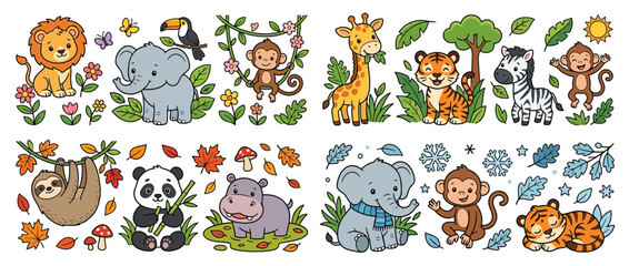 Naklejka premium Cute cartoon jungle animals collection, isolated on white