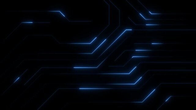 Glowing blue digital circuit lines and microchip paths on dark tech background vector illustration layout.