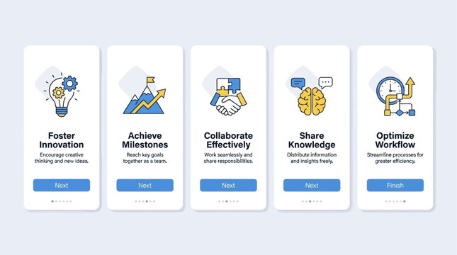 Set of vector mobile application onboarding screens featuring business growth and team collaboration development concepts for interface design