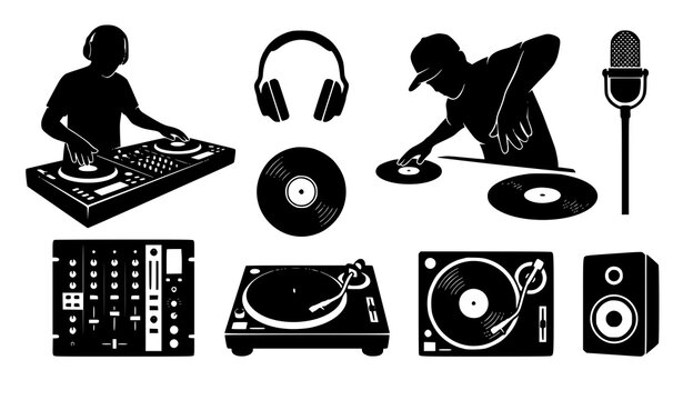 DJ silhouette set with disc jockey mixing music on turntable mixer headphones vinyl record and audio equipment vector