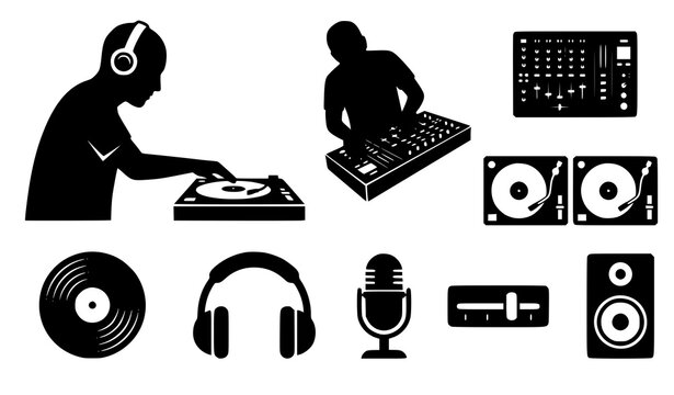 Minimalist DJ and turntable silhouette collection with mixer vinyl headphones microphone and music equipment vector icons